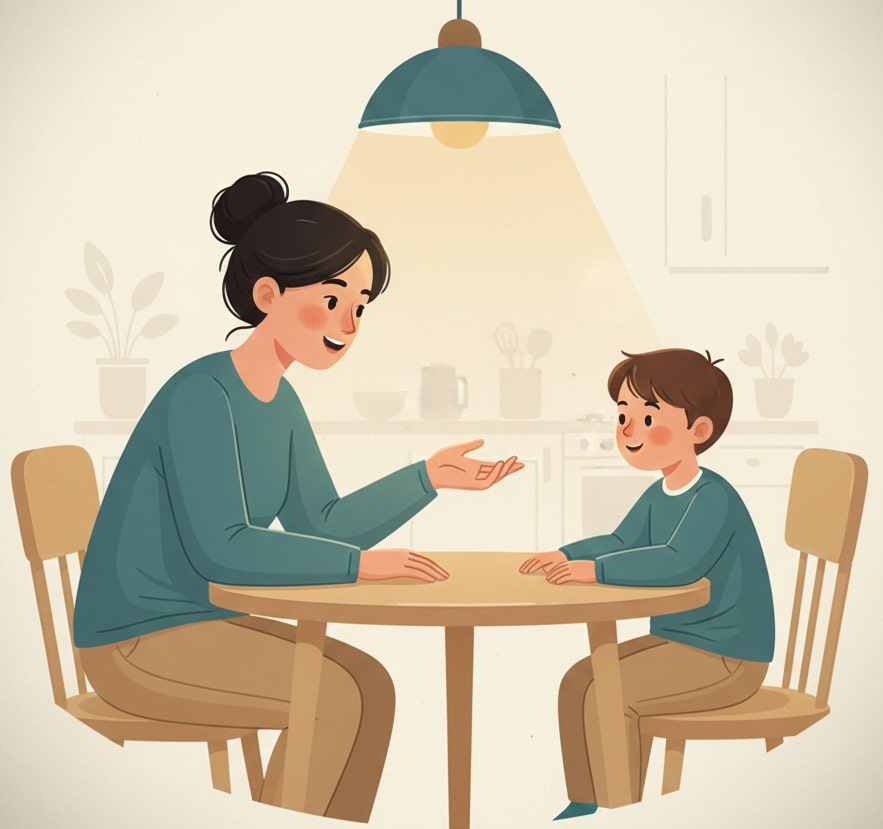 Parent and child sitting at a table and talking calmly