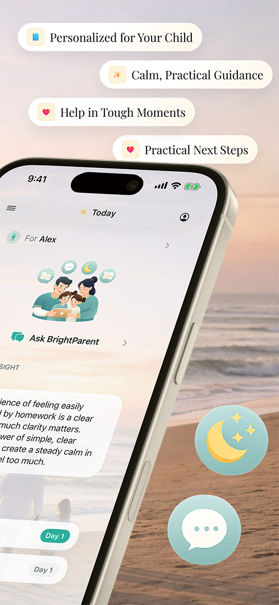 BrightParent Ask screen with calm in-the-moment guidance