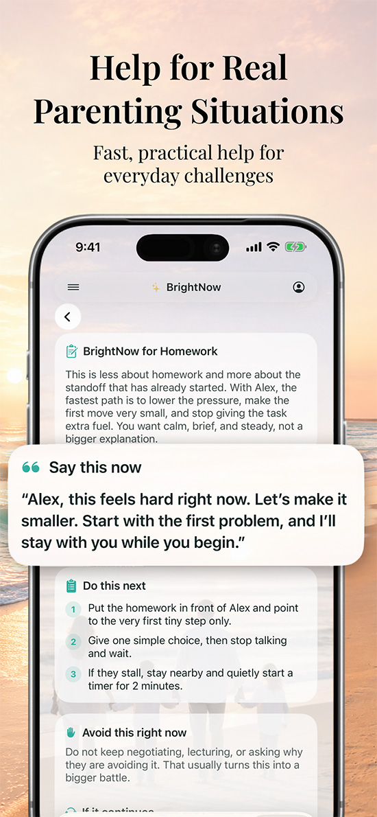 BrightParent app screen showing additional parenting support
